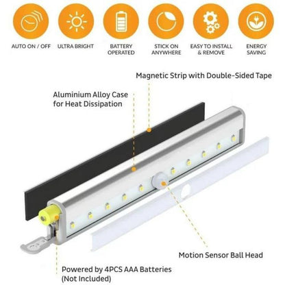 Motion Sensor Closet Lights, Cordless Under Cabinet Lightening, Wireless Stick-on Anywhere Battery Operated 10 LED Night Light Bar, Safe Lights for Closet Cabinet Wardrobe Stairs, 9 Pack