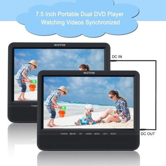 WONNIE 7.5” Inch Dual Portable DVD Player for Car, Two Screens (play same movies) support USB&SD Card Readers,