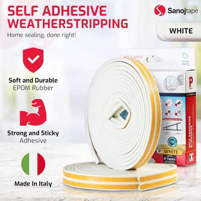 Sanojtape Weather Stripping Tape 16 Meter P Profile White EPDM Rubber Perfect for Window, Door, Noise, Draught Insulation Self-Adhesive