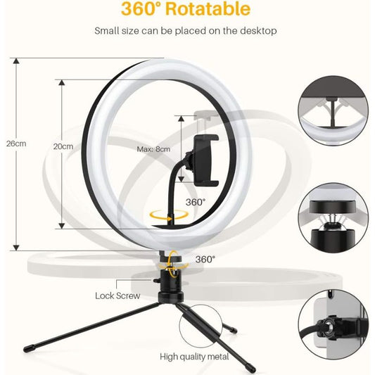 10” Selfie LED Ring Light with Stand - Anozer Desktop Ring Light with Tripod Stand & Phone Holder