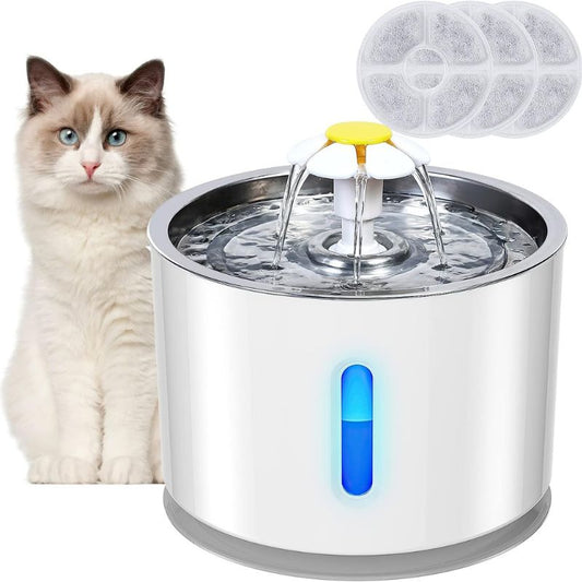 Cat Water Fountain: Super Quiet Cat Fountain 2.4L with Water Level/LED Night/3 Carbon Filters White