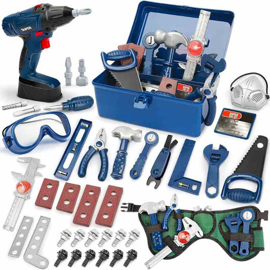 Vanplay Kids Tool Set 52Pcs Pretend Play Tools Kit with Electronic Toy Drill Belt Tool Box Toys for Boys Girls