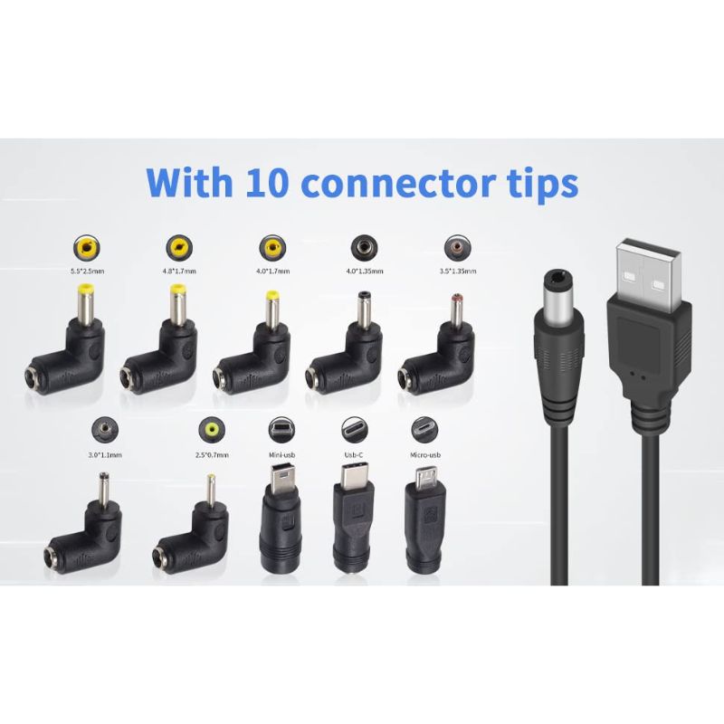 round Duttek USB to 5v DC Cable 5FT / 1.5M, DC 5v Power Cord, USB 2.0 to DC 5.5x2.1mm Plug Charging Cable, With10 Right Angle Connectors for Router, Mini Fan, Camera, Phone (10 Connectors), Black