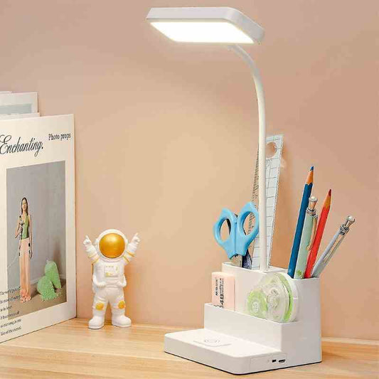 Led Desk Lamp With Pen/phone Holder Function, Rechargeable Desk Light With Flexible Gooseneck