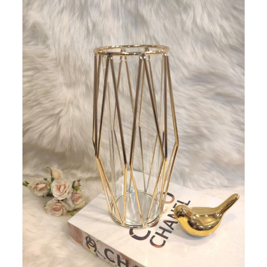 Creative Geometric Glass Vase Metal Frame Dried Flower Vase for Office Bedroom Living Room Office Decor