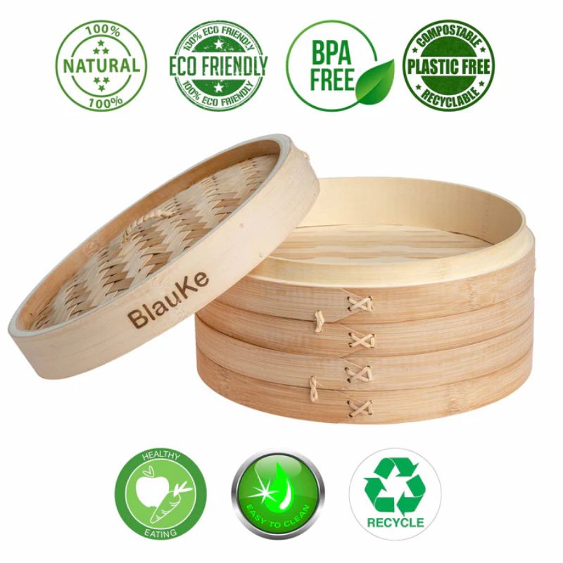 2-Tier Bamboo Steamer for Cooking Dumplings, Vegetables, Meat, Fish, Rice - Bamboo Steamer Basket