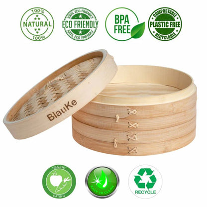 2-Tier Bamboo Steamer for Cooking Dumplings, Vegetables, Meat, Fish, Rice - Bamboo Steamer Basket