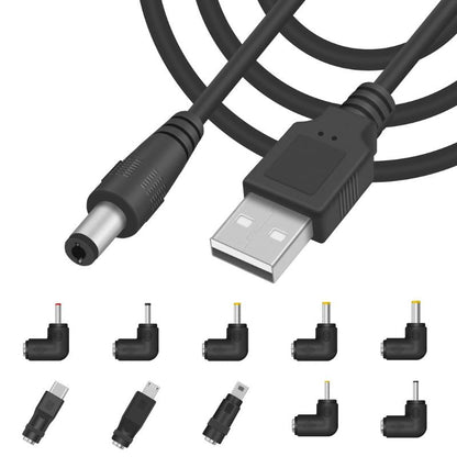 round Duttek USB to 5v DC Cable 5FT / 1.5M, DC 5v Power Cord, USB 2.0 to DC 5.5x2.1mm Plug Charging Cable, With10 Right Angle Connectors for Router, Mini Fan, Camera, Phone (10 Connectors), Black