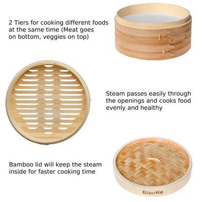 2-Tier Bamboo Steamer for Cooking Dumplings, Vegetables, Meat, Fish, Rice - Bamboo Steamer Basket