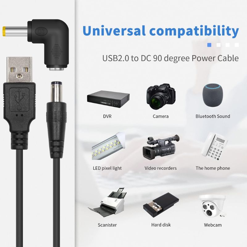 round Duttek USB to 5v DC Cable 5FT / 1.5M, DC 5v Power Cord, USB 2.0 to DC 5.5x2.1mm Plug Charging Cable, With10 Right Angle Connectors for Router, Mini Fan, Camera, Phone (10 Connectors), Black