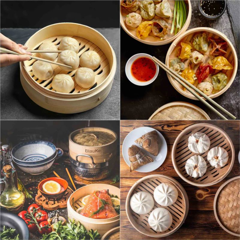 2-Tier Bamboo Steamer for Cooking Dumplings, Vegetables, Meat, Fish, Rice - Bamboo Steamer Basket