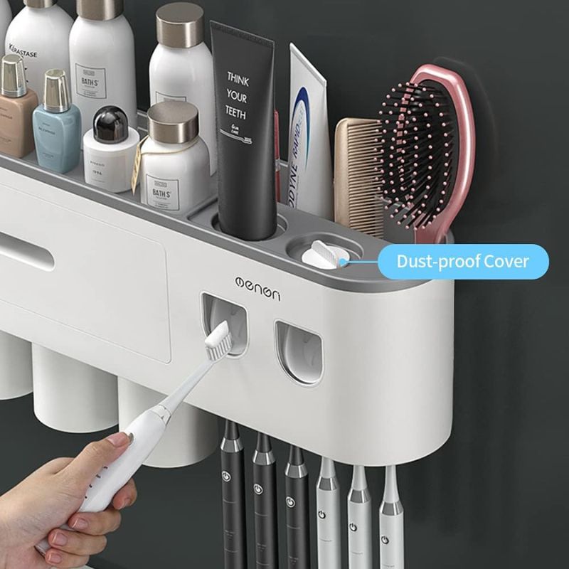 TuCao Toothbrush Holder Wall Mounted with Double Automatic Toothpaste Dispenser Squeezer Kit, 2/3/ Cups (Grey 2 Toothpaste Dispensers, 3 Cups)