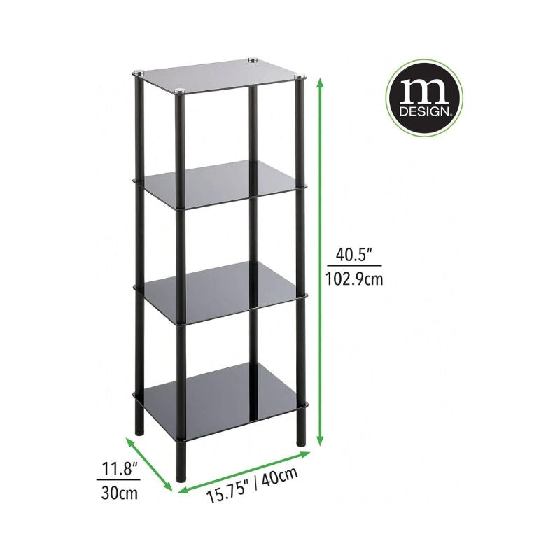 mDesign Household Floor Storage Rectangular Tower, 4 Tier Open Glass Shelves - Compact Shelving Display Unit - Multi-Use Home Organizer for Bath, Office, Bedroom, Living Room - Black