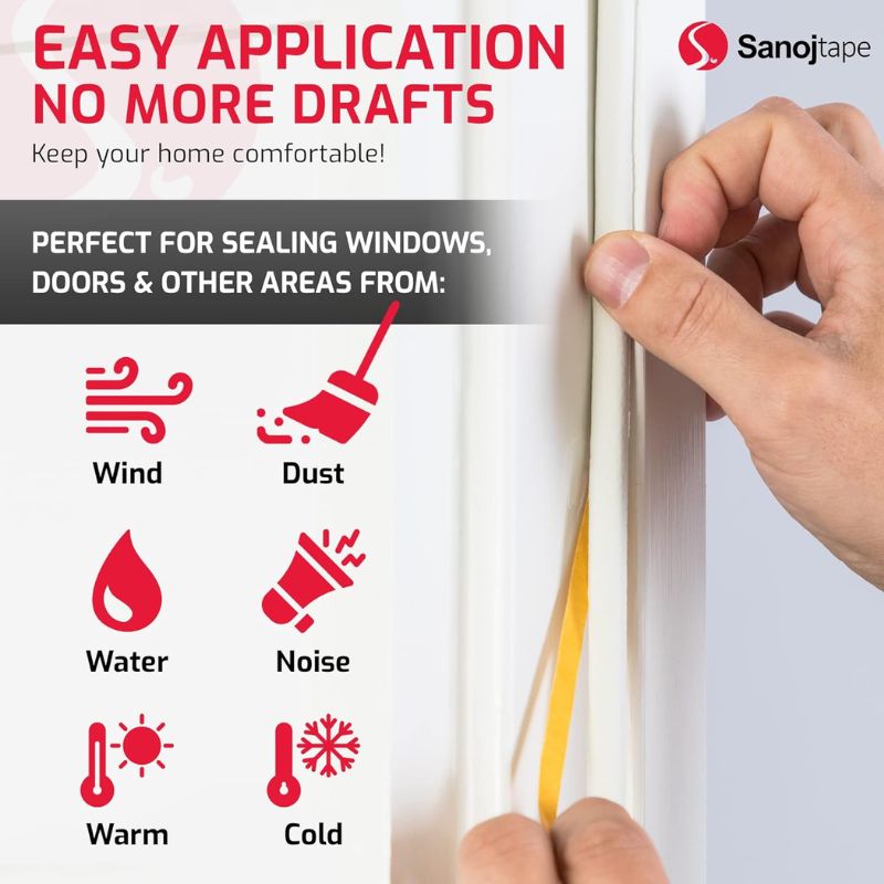 Sanojtape Weather Stripping Tape 16 Meter P Profile White EPDM Rubber Perfect for Window, Door, Noise, Draught Insulation Self-Adhesive