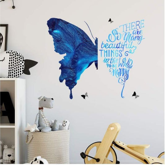 NOA Big Blue Butterfly To Be Happy Wall Sticker Vinyl Wall Art Decal for Girls and Adults