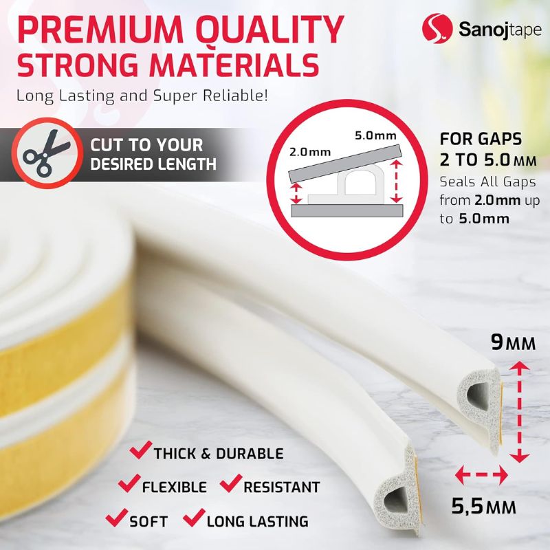 Sanojtape Weather Stripping Tape 16 Meter P Profile White EPDM Rubber Perfect for Window, Door, Noise, Draught Insulation Self-Adhesive