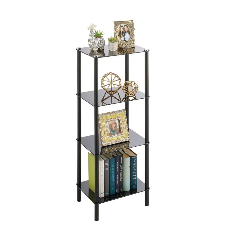 mDesign Household Floor Storage Rectangular Tower, 4 Tier Open Glass Shelves - Compact Shelving Display Unit - Multi-Use Home Organizer for Bath, Office, Bedroom, Living Room - Black