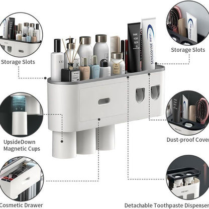 TuCao Toothbrush Holder Wall Mounted with Double Automatic Toothpaste Dispenser Squeezer Kit, 2/3/ Cups (Grey 2 Toothpaste Dispensers, 3 Cups)