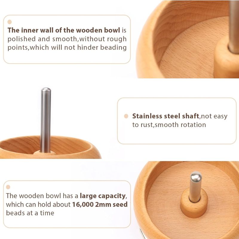 BBonnet Rotating Bead Holder with 2pcs LargeSize Beading Needles, Wooden Rotating BeadHolder for DIY Seed Beads, Waist Beads,Bracelets, Rotating Bead Bowl and Needles