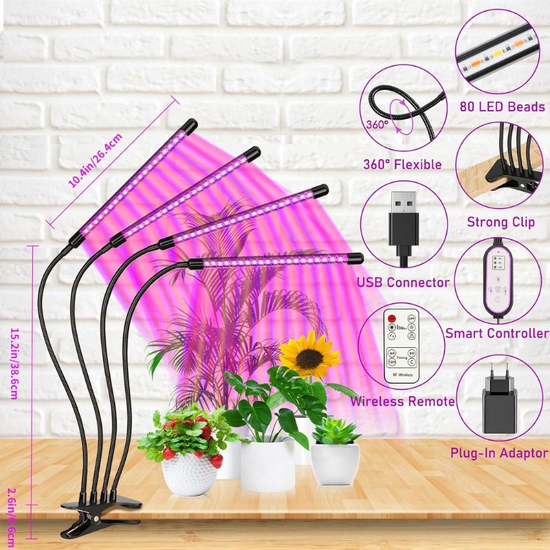 Plant Light LED Full Spectrum, EWEIMA 80 LEDs Grow Light with Timer 4/8/12 Hours, 4 Heads Grow Light 3 Light Modes and 10 Kinds Brightness for Indoor Plants Vegetable Garden Bonsai