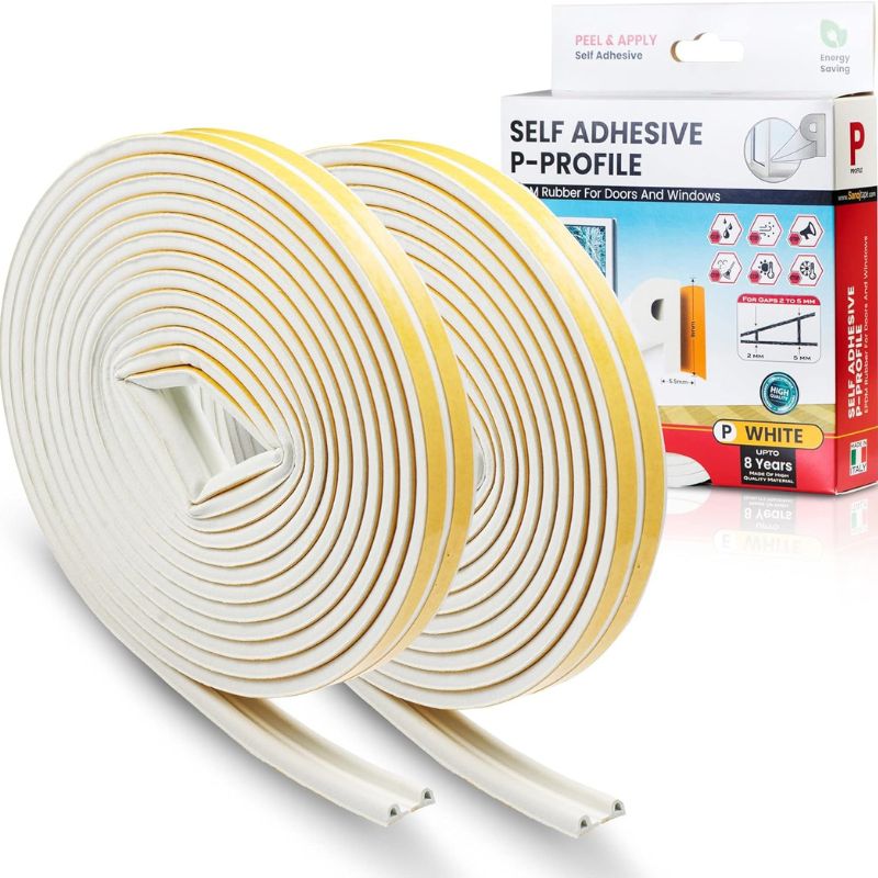 Sanojtape Weather Stripping Tape 16 Meter P Profile White EPDM Rubber Perfect for Window, Door, Noise, Draught Insulation Self-Adhesive