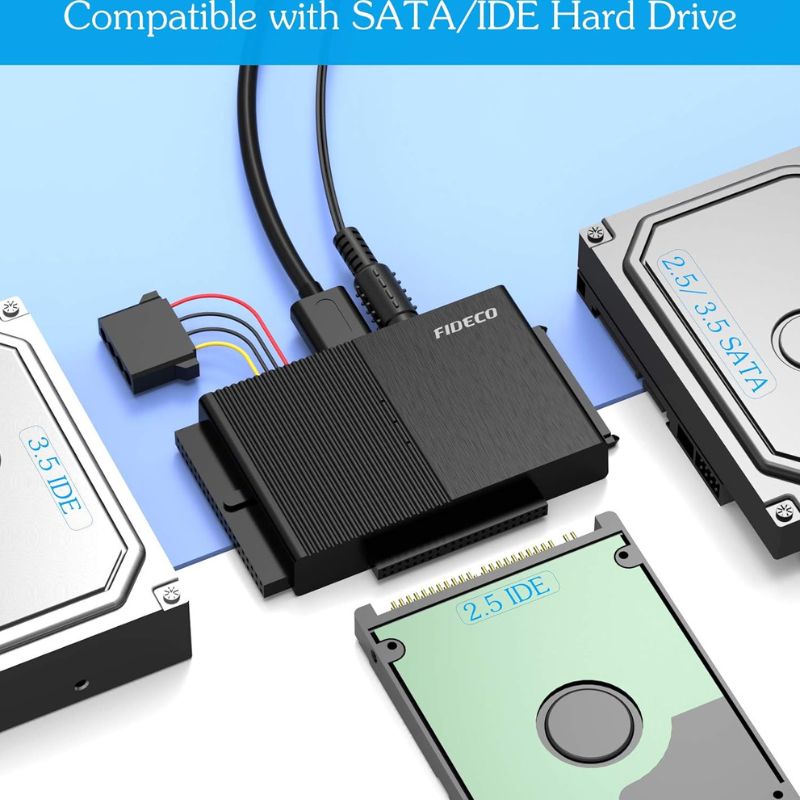 FIDECO USB 3.0 to SATA or IDE Adapter, Hard Drive Adapter Cable Universal for 2.5/3.5 inch SATA HDD/SSD & IDE HDD with 12V/2A Power Adapter