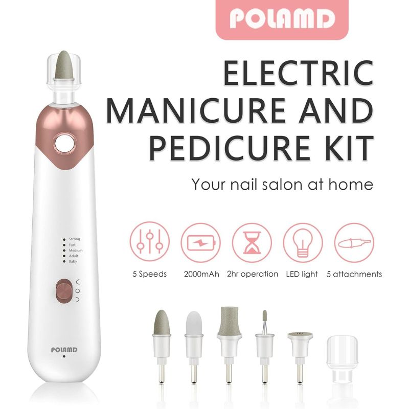 Cordless Manicure and Pedicure Set, Rechargeable Electric Nail Files, 5-speed