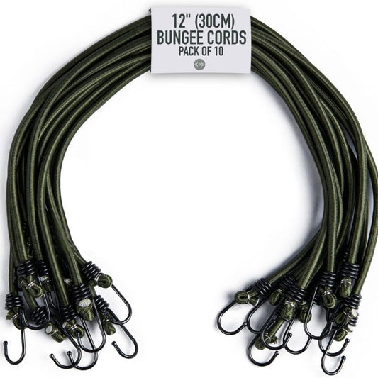 Pluvios 12 inch Heavy Duty Bungee Cords with Hooks - 10 Pack, Weatherproof & UV Resistant