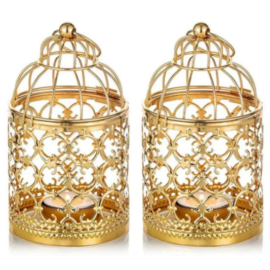 TWEXQNY 2Pcs Small Metal Tea Lights, Hang Bird Cage Lanterns, Candle Gold Lanterns, Vintage Wedding and Party Decorations